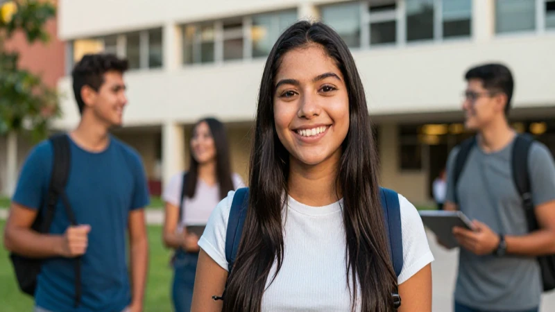Estudiante sonriente en campus universitario vibrante