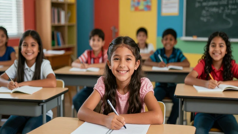 Niños mexicanos sonrientes en un aula moderna