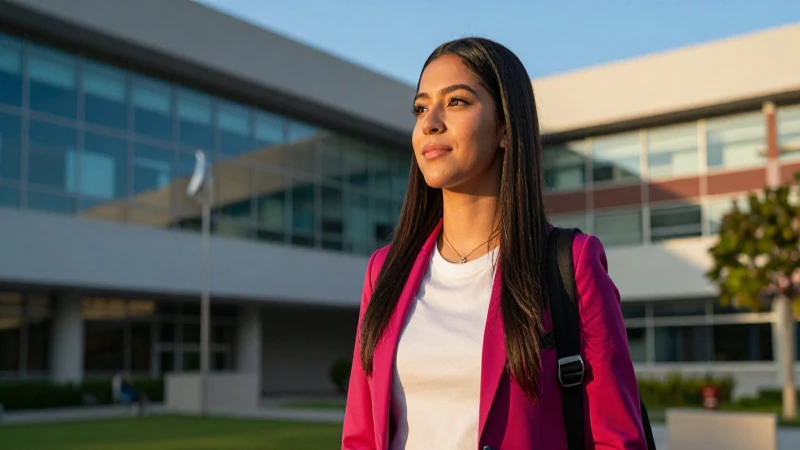 Estudiante mexicana soñadora en campus moderno al atardecer
