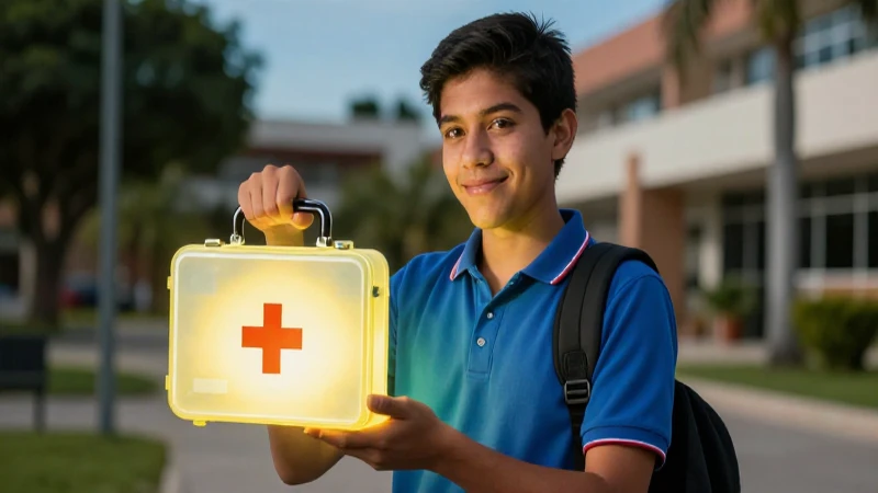 Estudiante mexicano soñador con kit médico simbólico