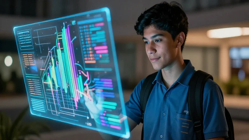 Estudiante mexicano y datos digitales hiperrealistas