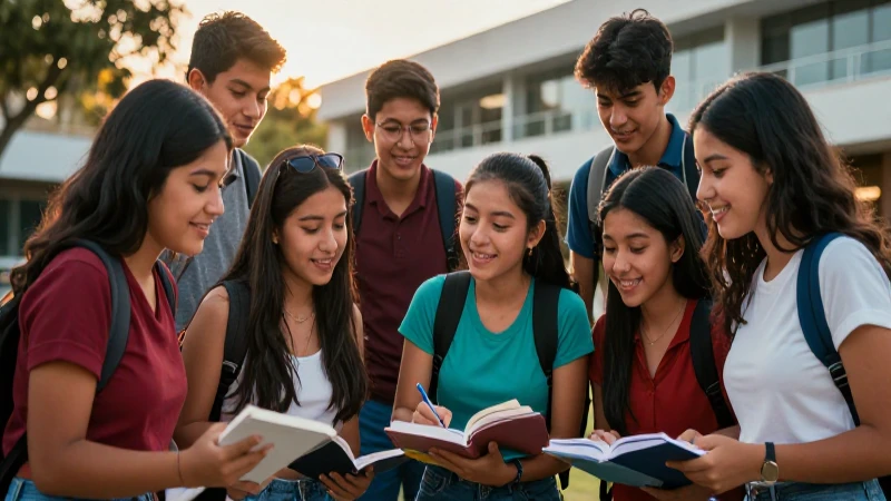 Adolescentes mexicanos estudiando en su campus
