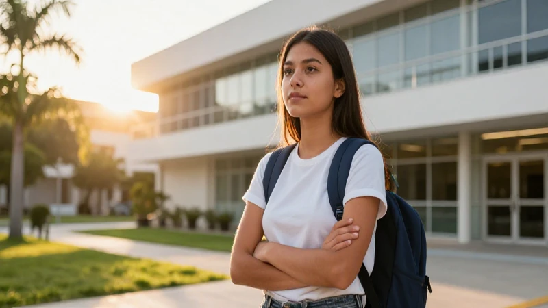 Estudiante mexicana en campus moderno y luminoso