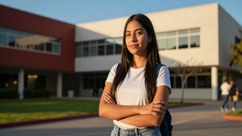 Estudiante mexicana en campus vibrante y moderno