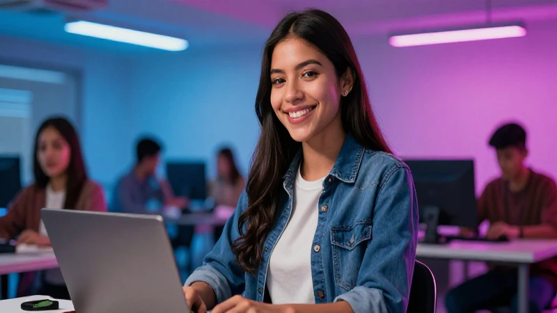 Estudiante mexicano sonríendo en ambiente universitario moderno