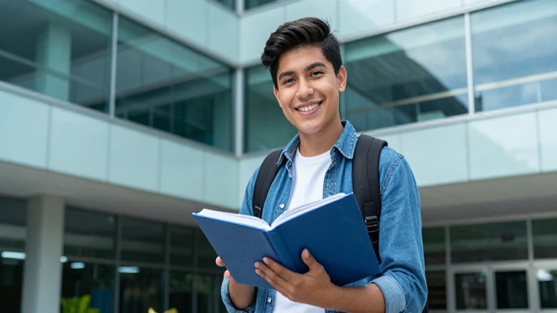 Estudiante sonriente en campus moderno con libro