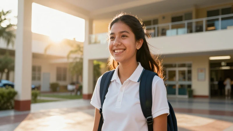 Estudiante mexicano en campus moderno con luz dorada