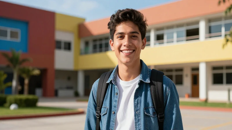 Estudiante mexicano brillante en campus moderno e inspirador