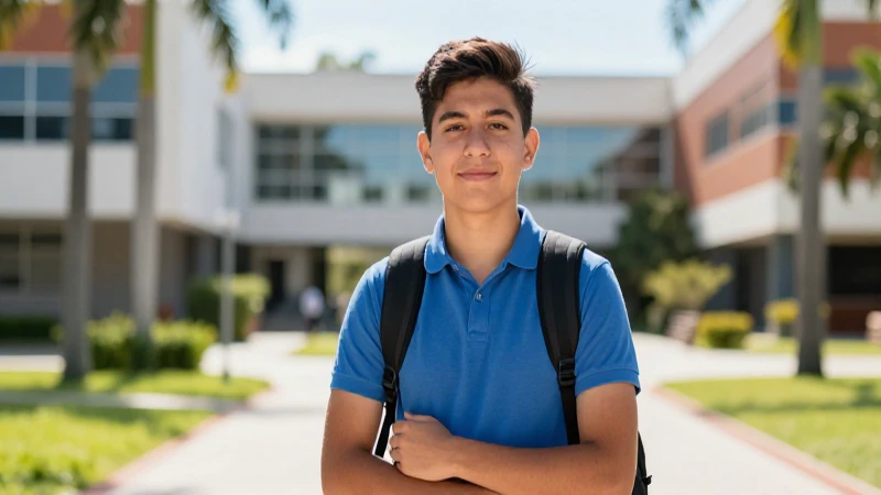 Joven estudiante mexicano, logro académico en campus moderno