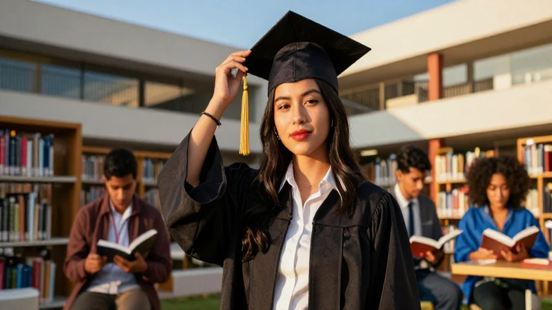 Estudiante universitario celebra éxito y oportunidad en una biblioteca