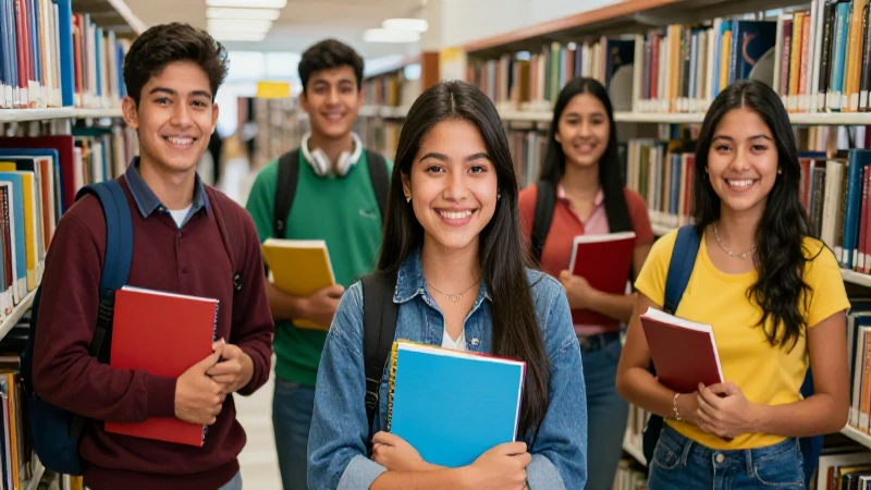 Estudiantes mexicanos exitosos en una biblioteca moderna