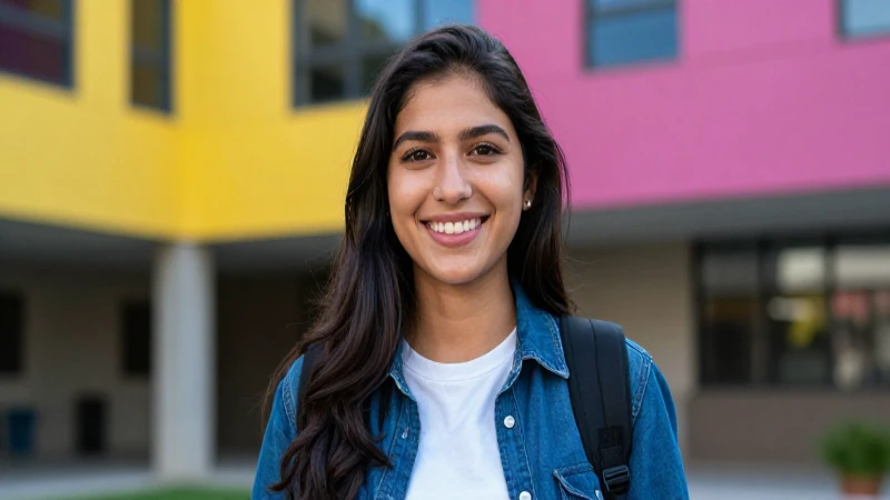 Joven mexicana sonriente en un campus moderno
