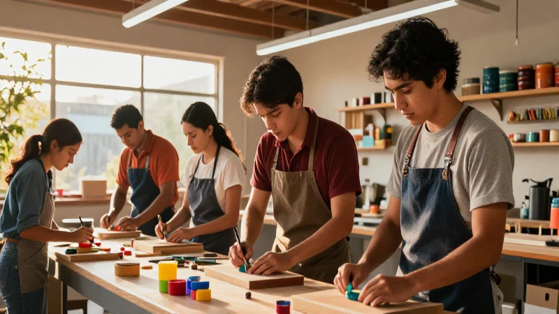Jóvenes mexicanos en taller, luz dorada