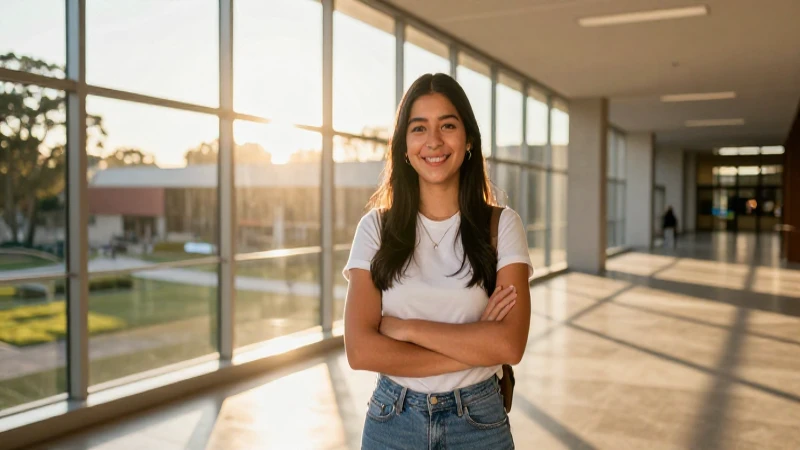 Estudiante mexicano exitoso bajo luz universitaria