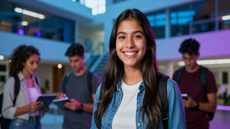 Joven estudiante mexicano sonriente en campus moderno