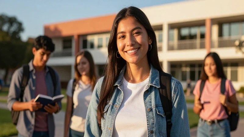 Estudiante mexicana sonríendo en campus moderno