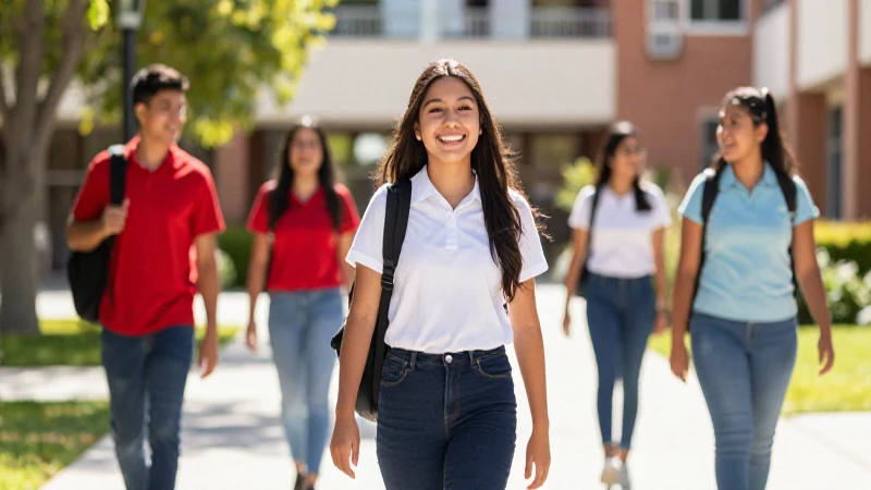 Estudiante sonriente camina hacia un campus brillante