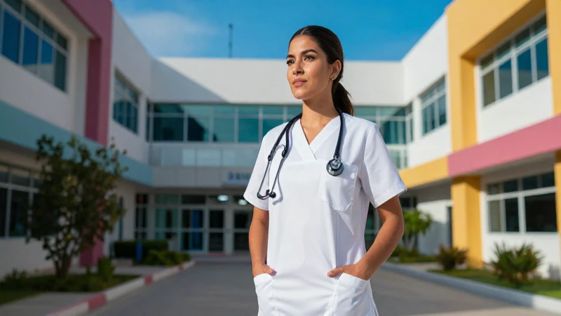 Estudiante ambiciosa de enfermería en campus médico moderno
