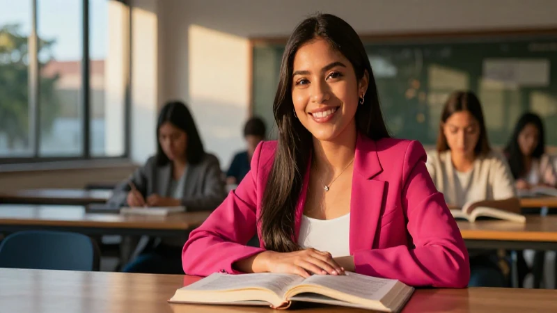 Estudiante mexicana sonriente en luz dorada