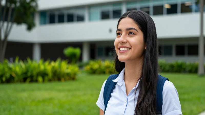 Estudiante sonriente en moderno campus universitario