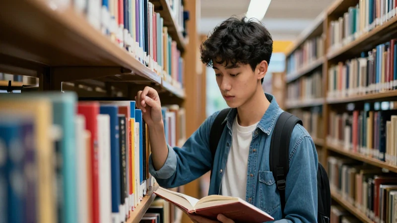Joven estudiante en grandiosa biblioteca épica