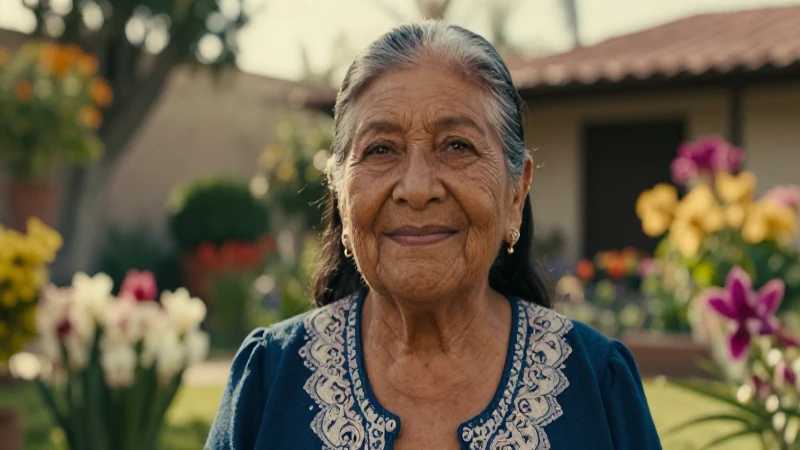 Retrato realista de anciana mexicana sonriente bajo luz cálida