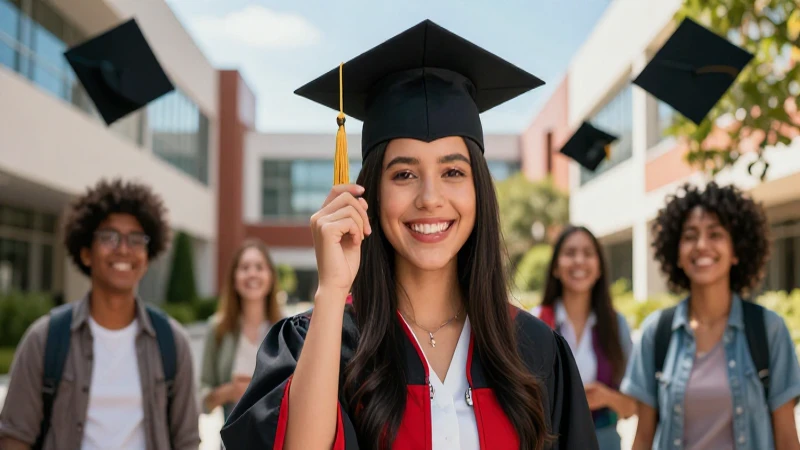 Estudiante mexicano graduándose en campus moderno