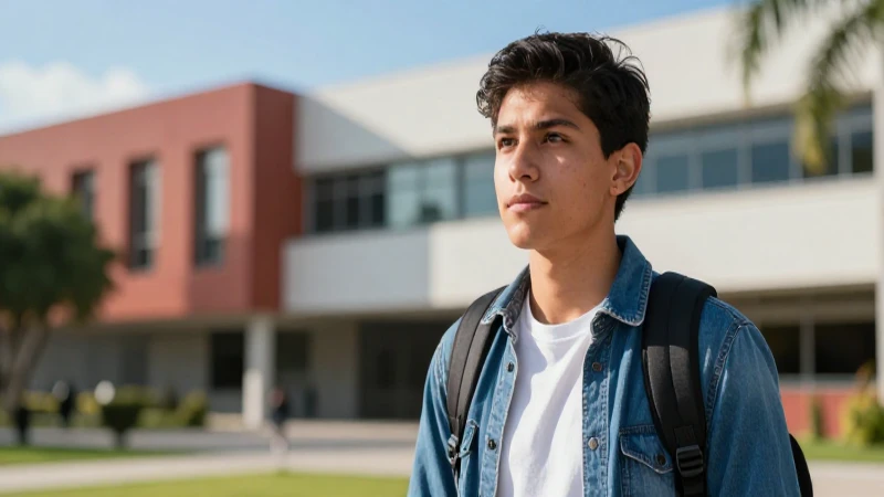 Estudiante mexicano en campus con estilo cinematográfico