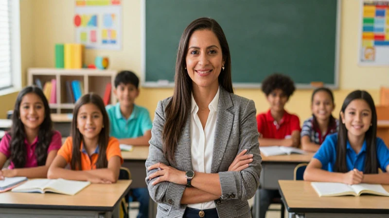 Maestra apasionada con alumnos en aula moderna