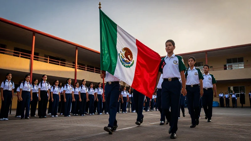 Estudiantes mexicanos marchando en el patio