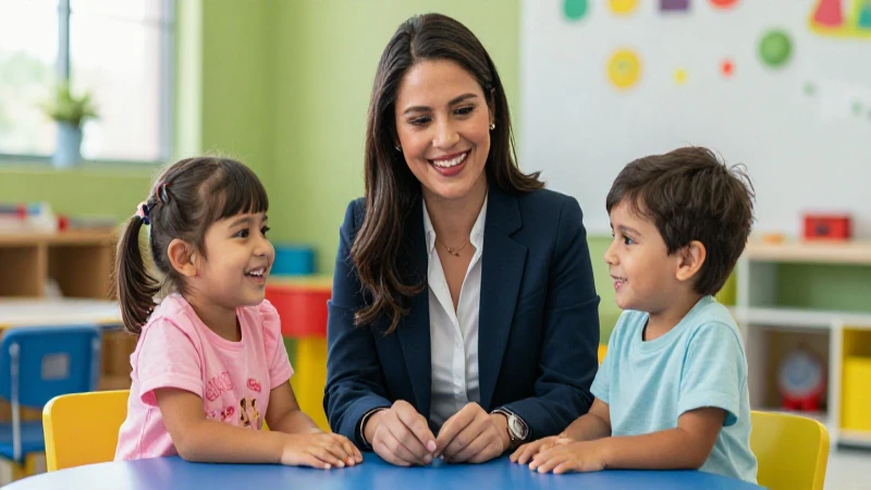Maestra sonríe con niños alegres en aula moderna