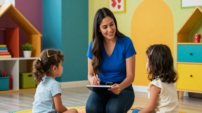 Asistente mexicana cuidando niños en un estudio vibrante