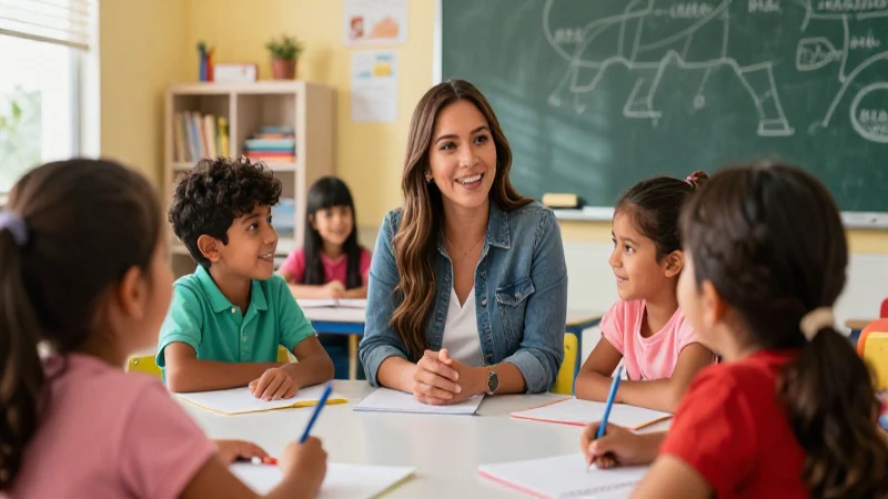 Maestra mexicana con niños alegres