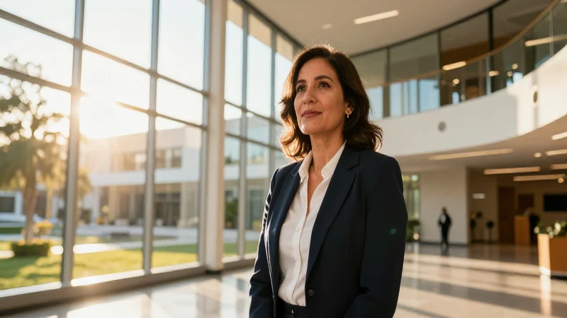 Líder educativo mexicano en campus moderno y luminoso