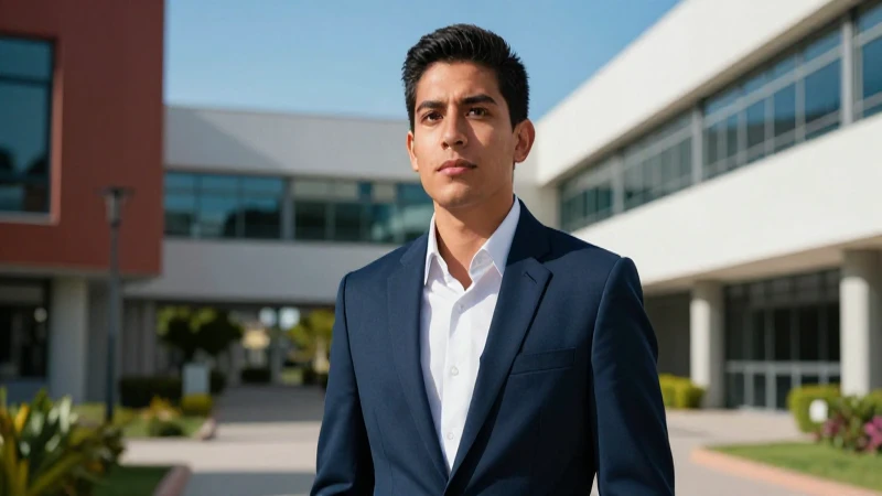 Joven líder mexicano en campus moderno, estilo cinematográfico