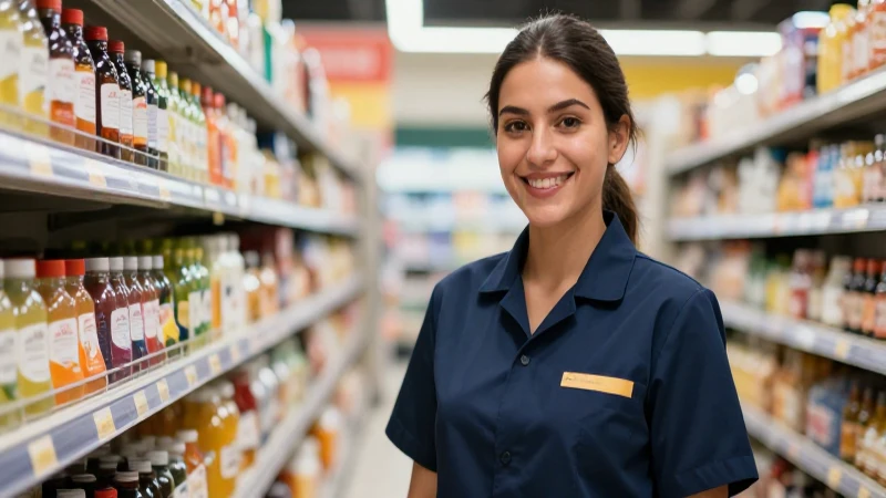 Atractiva mujer mexicana en pasillo de supermercado