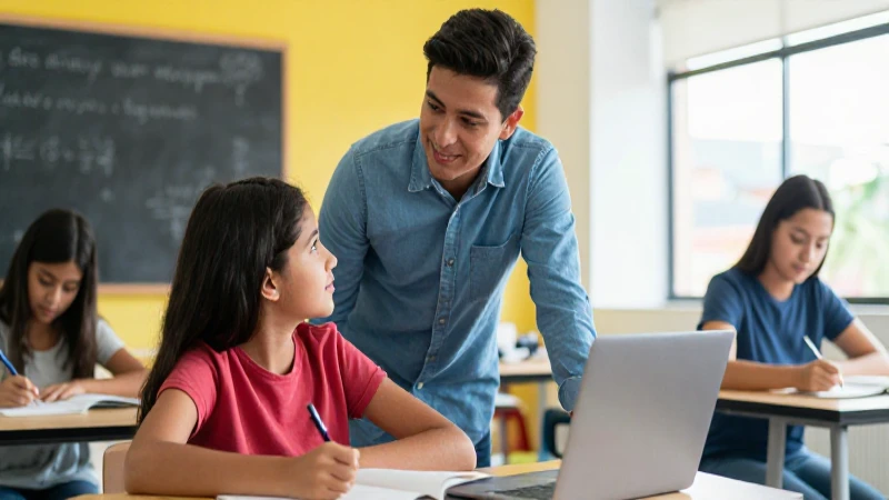 Tutor mexicano guía a estudiante en aula moderna
