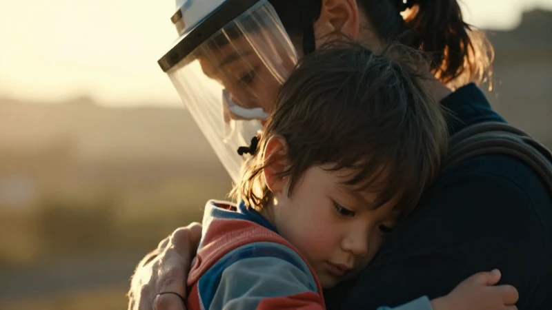 Protector abraza a niño bajo luz cinematográfica