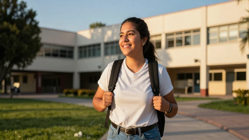 Estudiante optimista en campus mexicano al atardecer