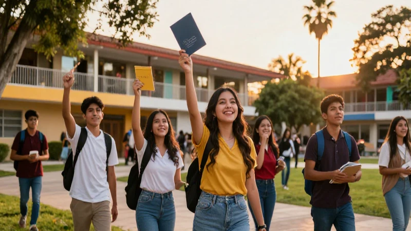 Estudiantes celebrando éxito en campus mexicano