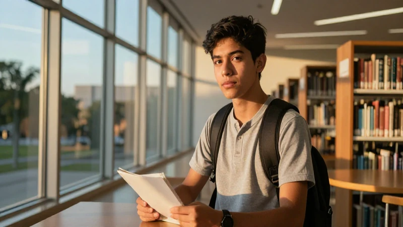 Joven estudiante mexicano en una biblioteca dorada