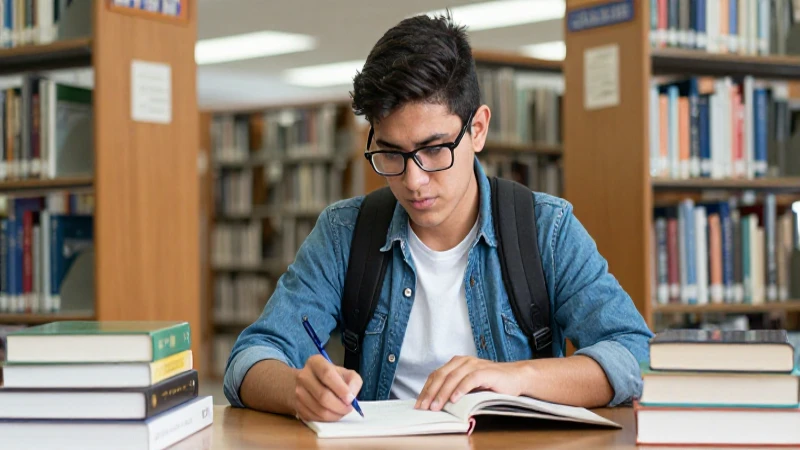 Estudiante mexicano estudiando en biblioteca universitaria