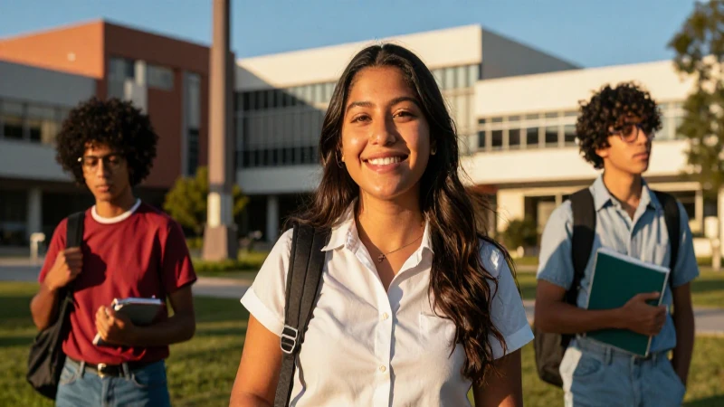 Estudiante mexicano sonriente en campus universitario moderno