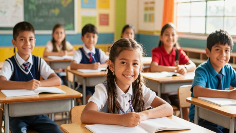 Niños mexicanos sonrientes en un aula colorida