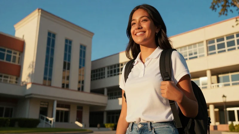 Estudiante sonriente en campus universitario al atardecer