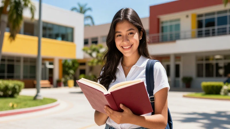 Estudiante sonriente en campus moderno, fotografía profesional