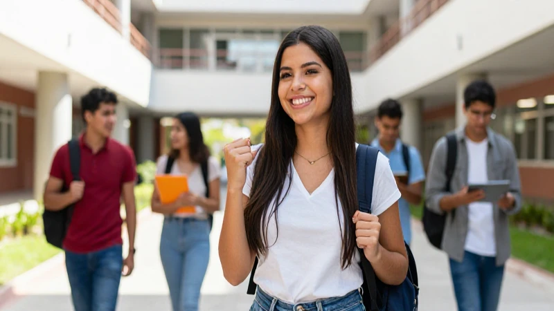 Estudiante mexicano exitoso en campus moderno