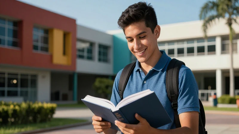 Joven mexicano estudiando en campus vibrante