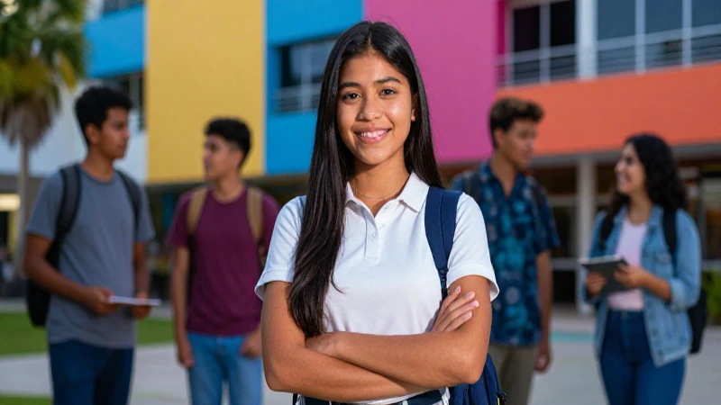 Estudiante mexicano exitoso en un campus moderno