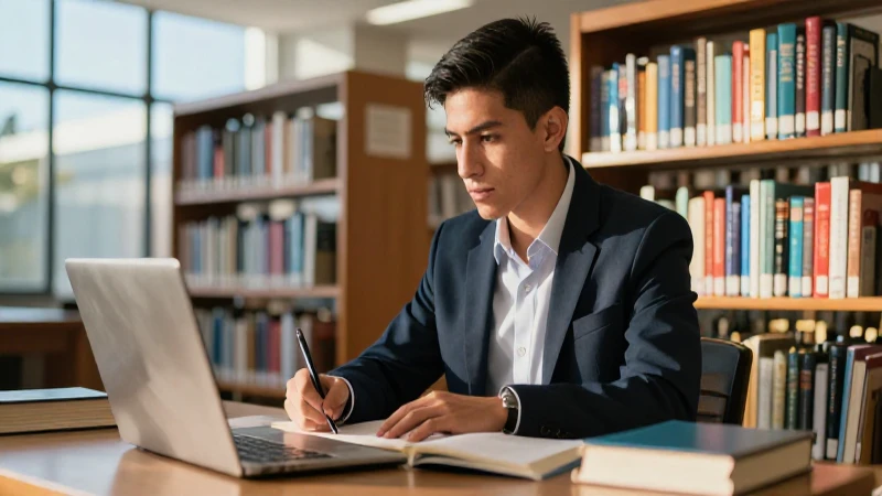 Estudiante mexicano en biblioteca moderna